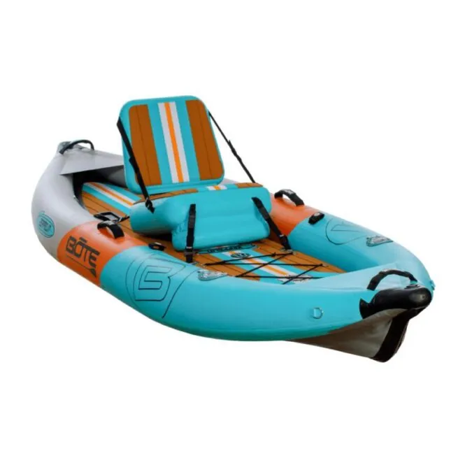 The Bote Zeppelin inflatable 10' kayak front view in native aqua. Available at Riverbound Sports in Tempe, Arizona.