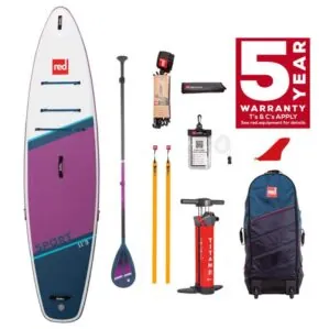 Red Paddle Sport 11'3 SE Purple package with paddle and leash. Available at Riverbound Sports in Tempe, Arizona.