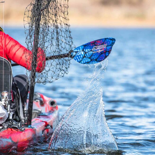 Bending Branches Angler Pro kayak paddle in radiant color on fishing ayak. Available at Riverbound Sports in Tempe, Arizona.