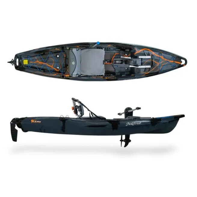 Feelfree Flash kayak with Rapid Pedal Drive in midnight bolt color. Fishing, fitness and fun crossover kayak. Authorized Fellfree dealer, Riverbound Sports in Tempe, Arizona.