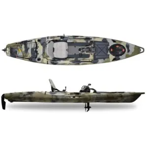 Feelfree Lure 13.5 wit pedal drive fishing kayak in desert camo color side and top view. Riverbound Sports in Tempe, Arizona Feelfree Kayak dealer.