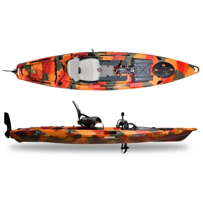 Feelfree Lure 13.5 wit pedal drive fishing kayak in fire camo color side and top view. Riverbound Sports in Tempe, Arizona Feelfree Kayak dealer.