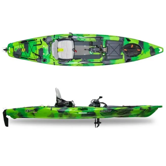 Feelfree Lure 13.5 wit pedal drive fishing kayak in green flash color side and top view. Riverbound Sports in Tempe, Arizona Feelfree Kayak dealer.