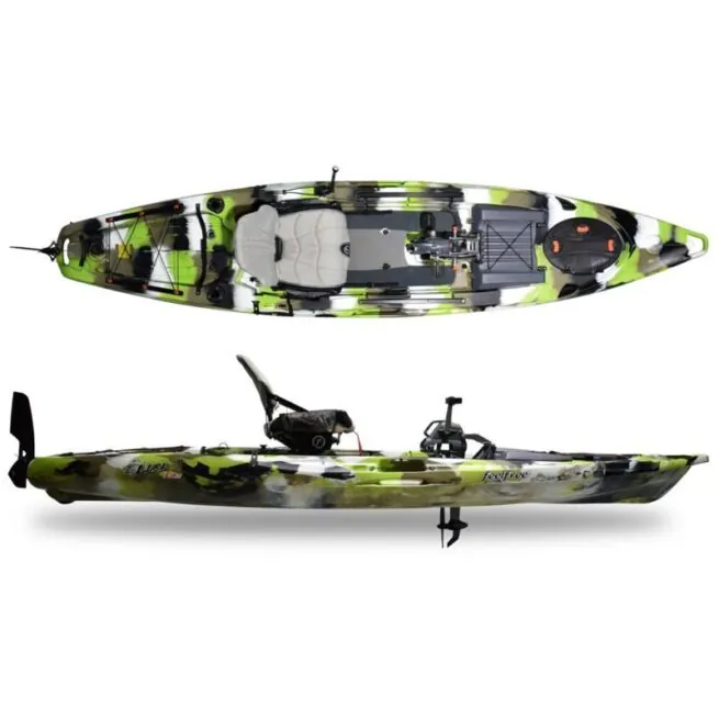 Feelfree Lure 13.5 wit pedal drive fishing kayak in lime camo color side and top view. Riverbound Sports in Tempe, Arizona Feelfree Kayak dealer.