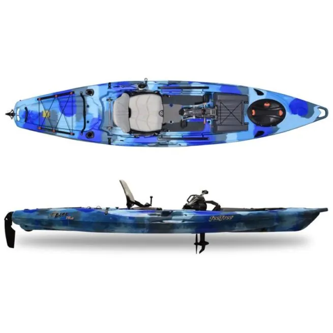 Feelfree Lure 13.5 wit pedal drive fishing kayak in ocean camo color side and top view. Riverbound Sports in Tempe, Arizona Feelfree Kayak dealer.