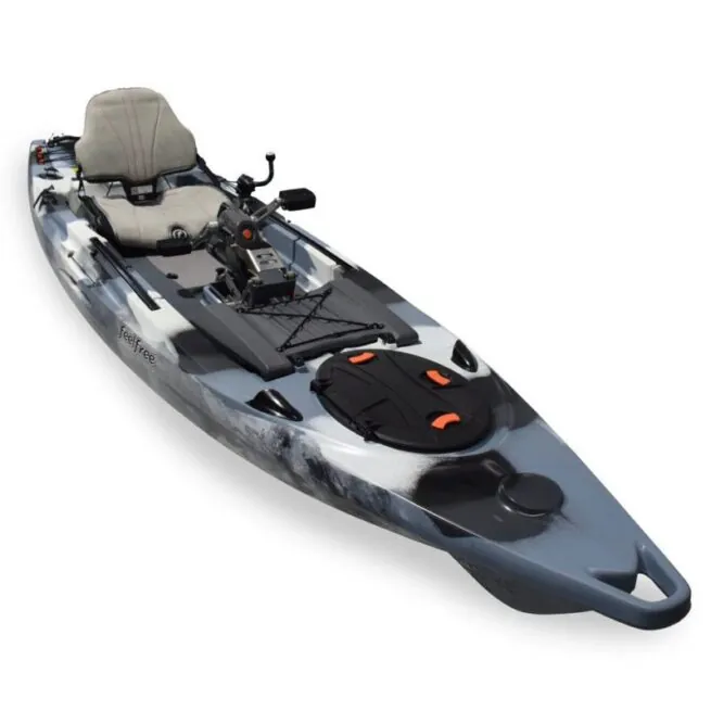 Feelfree Lure 13.5 wit pedal drive fishing kayak in winter camo color. Riverbound Sports in Tempe, Arizona Feelfree Kayak dealer.