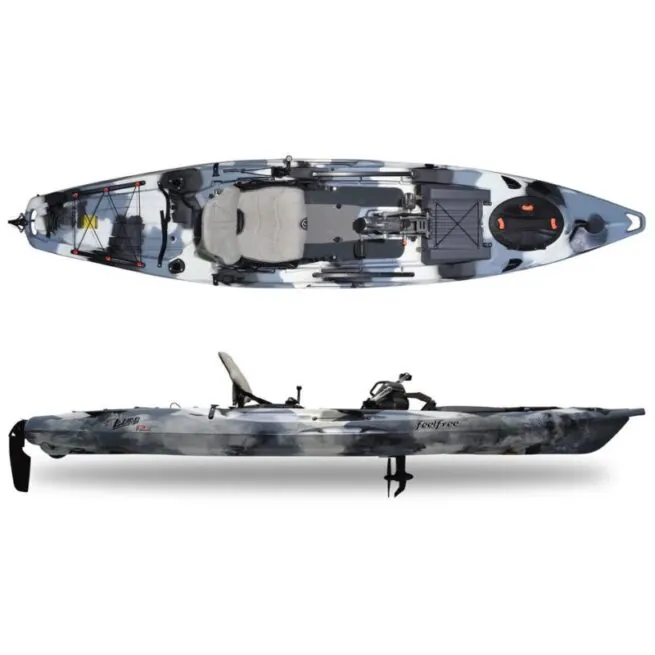 Feelfree Lure 13.5 wit pedal drive fishing kayak in winter camo color side and top view. Riverbound Sports in Tempe, Arizona Feelfree Kayak dealer.