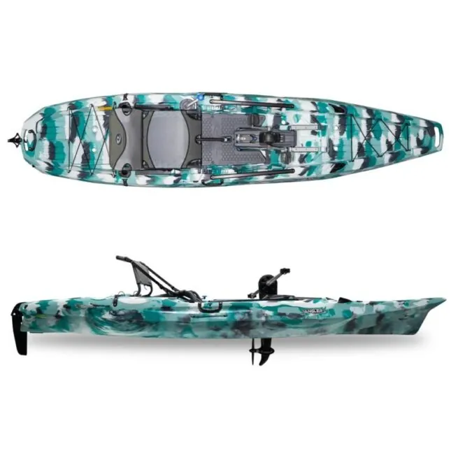Seastream Kayak Angler with pedal drive in seafoam camo color side and top view. Riverbound Sports, Tempe, Arizona dealer