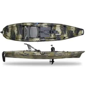 Seastream Kayak Angler with pedal drive in terra camo color side and top view. Riverbound Sports, Tempe, Arizona dealer
