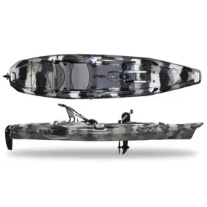 Seastream Kayak Angler with pedal drive in urban camo color side and top view. Riverbound Sports, Tempe, Arizona dealer