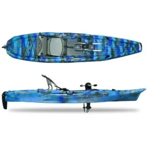 Seastream Kayak Angler with pedal drive in wave camo color side and top view. Riverbound Sports, Tempe, Arizona dealer