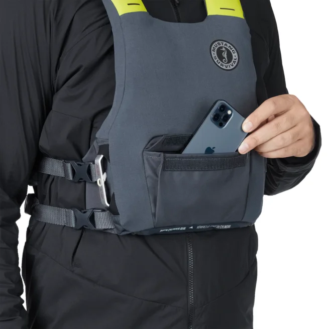 The dual floatation Mustang Khimera PFD in admiral gray front pocket. Available at Riverbound Sports in Tempe, Arizona.