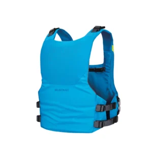 The dual floatation Mustang Khimera PFD in admiral azure back. Available at Riverbound Sports in Tempe, Arizona.
