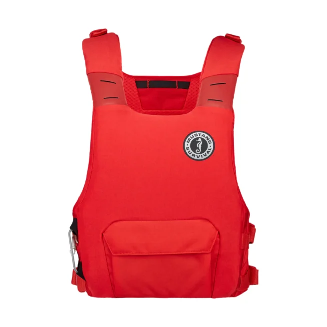 The dual floatation Mustang Khimera PFD front in red. Available at Riverbound Sports in Tempe, Arizona.