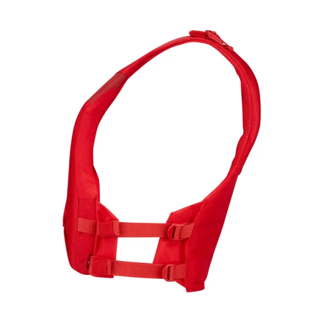 The dual floatation Mustang Khimera PFD side in red. Available at Riverbound Sports in Tempe, Arizona.