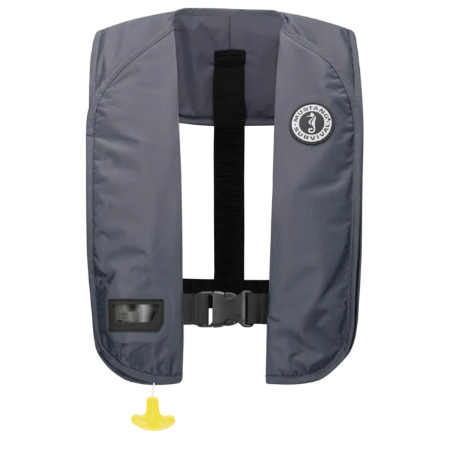 M.I.T Manual Inflatable PFD by Mustang Survival front side in Gray. Available at Riverbound Sports in Tempe, Arizona.