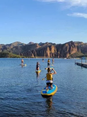 Saguaro Lake group paddleboarding. Riverbound Paddle Company Tours.