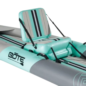 Bote Boards inflatable kayak seat with straps in the Zeppelin kayak. Available at Riverbound Sports in Tempe, Arizona.
