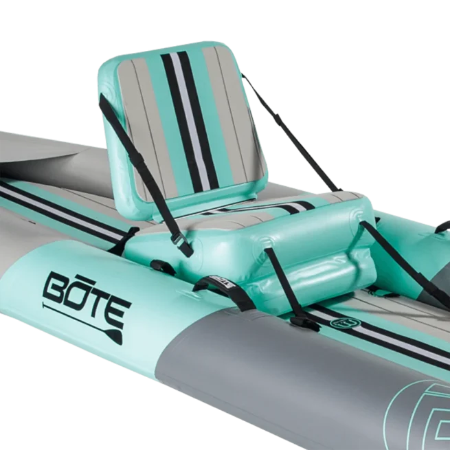 Bote Boards inflatable kayak seat with straps in the Zeppelin kayak. Available at Riverbound Sports in Tempe, Arizona.