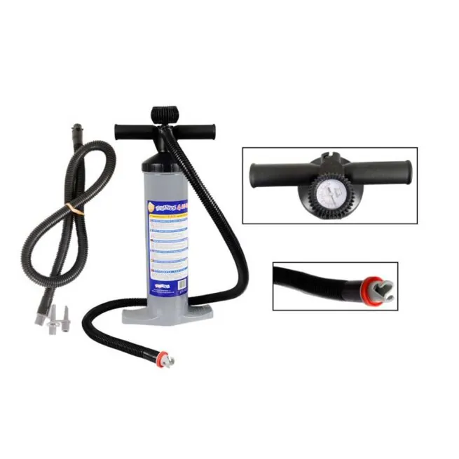 Bravo dual action kayak pump showing hose and gauge.