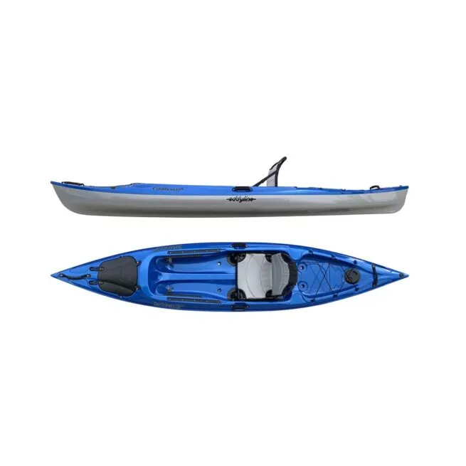 Eddyline Caribbean 12' sit on top kayak split side and top in blue and silver. Riverbound Sports authorized Eddyline dealer in Tempe, Arizona.