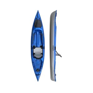 Eddyline Caribbean 12' sit on top kayak split side and top in blue and silver. Riverbound Sports authorized Eddyline dealer in Tempe, Arizona.