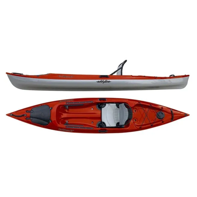 Eddyline Caribbean 12' sit on top kayak split side and top in red pearl and silver. Riverbound Sports authorized Eddyline dealer in Tempe, Arizona.
