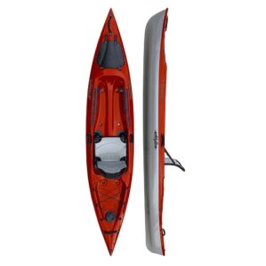 Eddyline Caribbean 12' sit on top kayak split side and top in red pearl and silver. Riverbound Sports authorized Eddyline dealer in Tempe, Arizona.