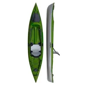 Eddyline Caribbean 12' sit on top kayak split side and top in seagrass and silver. Riverbound Sports authorized Eddyline dealer in Tempe, Arizona.