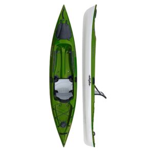 Eddyline Caribbean 12' sit on top kayak split side and top in seagrass. Riverbound Sports authorized Eddyline dealer in Tempe, Arizona.