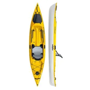 Eddyline Caribbean 12' sit on top kayak split side and top in yellow. Riverbound Sports authorized Eddyline dealer in Tempe, Arizona.