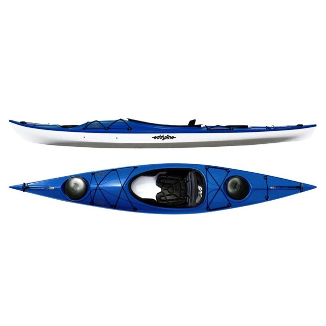 Eddyline Rio 11' 9" sit inside kayak split side and top in blue. Riverbound Sports authorized Eddyline dealer in Tempe, Arizona.