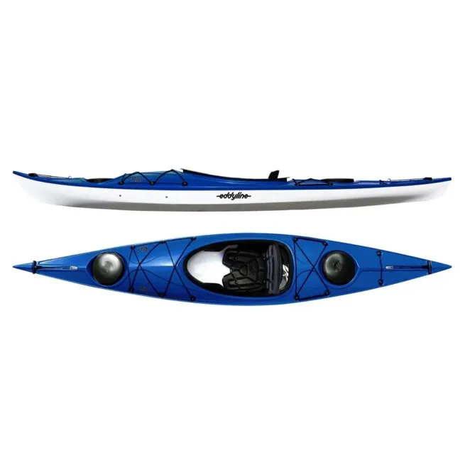 Eddyline Rio 11' 9" sit inside kayak split side and top in blue. Riverbound Sports authorized Eddyline dealer in Tempe, Arizona.