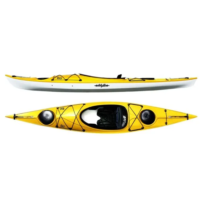 Eddyline Rio 11' 9" sit inside kayak split side and top in yellow. Riverbound Sports authorized Eddyline dealer in Tempe, Arizona.