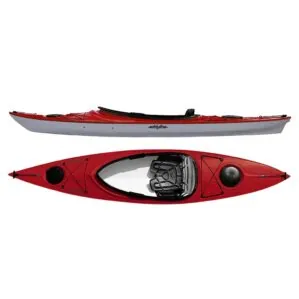 Eddyline Sandpiper 12' sit inside kayak split side and top in red pearl and silver. Riverbound Sports authorized Eddyline dealer in Tempe, Arizona.