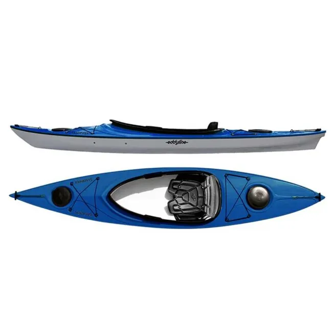 Eddyline Sandpiper 12' sit inside kayak split side and top in sapphire blue and silver. Riverbound Sports authorized Eddyline dealer in Tempe, Arizona.