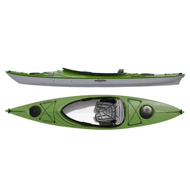 Eddyline Sandpiper 12' sit inside kayak split side and top in seagrass and silver. Riverbound Sports authorized Eddyline dealer in Tempe, Arizona.
