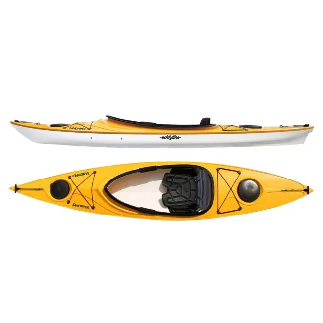 Eddyline Sandpiper 12' sit inside kayak split side and top in yellow. Riverbound Sports authorized Eddyline dealer in Tempe, Arizona.