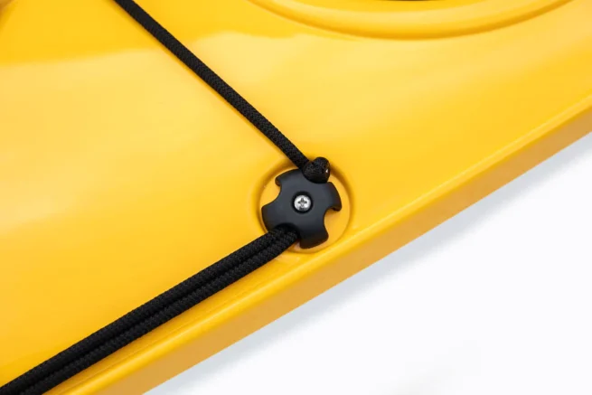 Eddyline Sky 10 kayak with recessed deck bungee fittings on yellow kayak. Available at authorized Eddyline dealer, Riverbound Sports in Tempe, Arizona.
