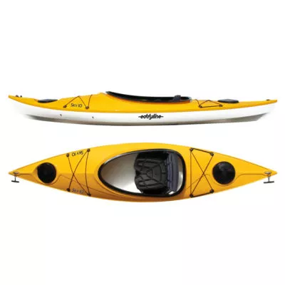 Eddyline Sky 10' sit inside kayak split side and top in yellow. Riverbound Sports authorized Eddyline dealer in Tempe, Arizona.