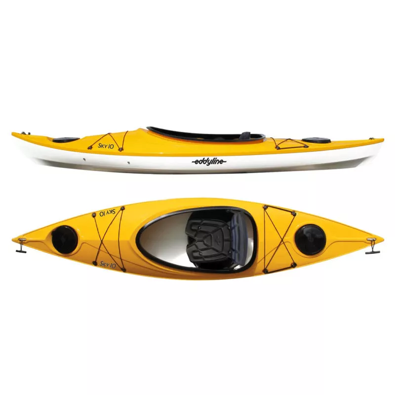 Eddyline Sky 10' sit inside kayak split side and top in yellow. Riverbound Sports authorized Eddyline dealer in Tempe, Arizona.