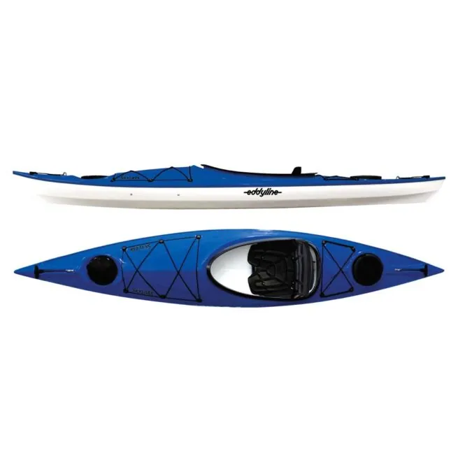 Eddyline Skylark 12' sit inside kayak split side and top in sapphire blue. Riverbound Sports authorized Eddyline dealer in Tempe, Arizona.