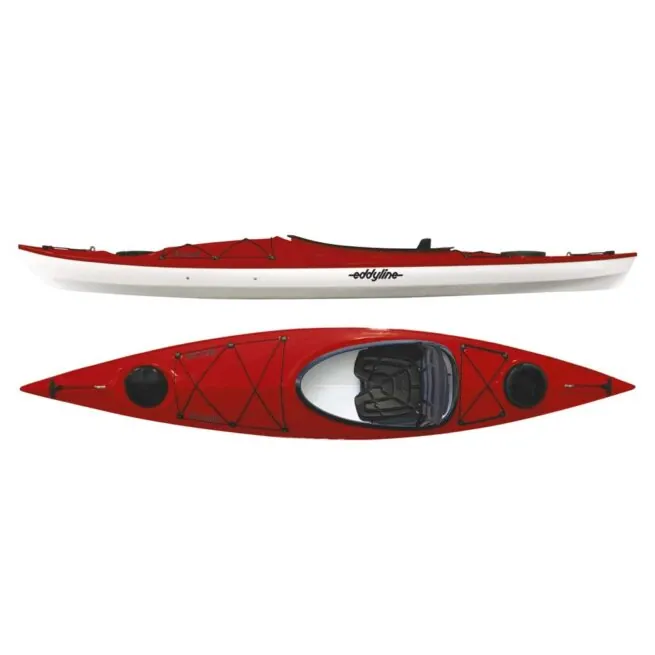 Eddyline Skylark 12' sit inside kayak split side and top in red pearl. Riverbound Sports authorized Eddyline dealer in Tempe, Arizona.