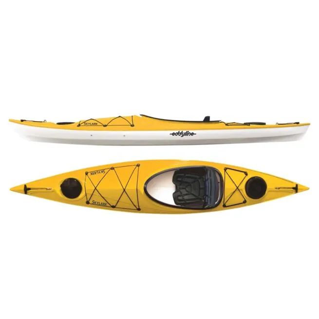 Eddyline Skylark 12' sit inside kayak split side and top in yellow. Riverbound Sports authorized Eddyline dealer in Tempe, Arizona.