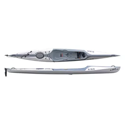 The Stellar S16S site on top surf ski kayak in white with grey single strip. Available at Stellar authorized dealer, Riverbound Sports in Tempe, Arizona.