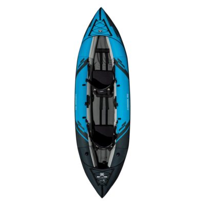 Aquaglide Chinook 100 inflatable kayak deck view in blue.