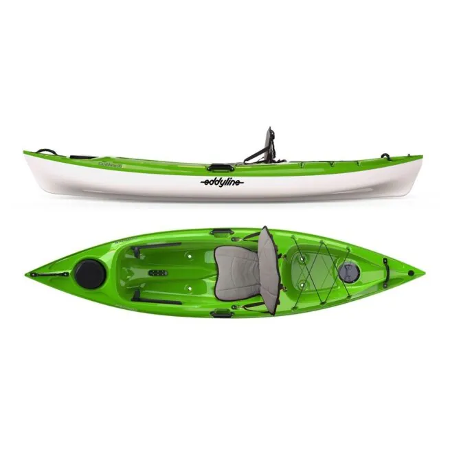 Eddyline Caribbean 10 sit-on-top kayak split side and top in lime. Riverbound Sports authorized Eddyline dealer in Tempe, Arizona.