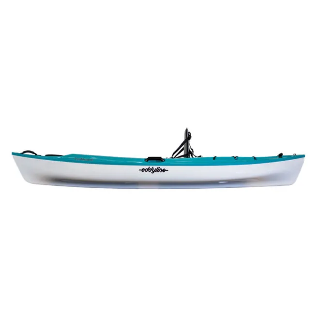 Eddyline Caribbean 10 sit on top kayak side view with white haul and teal deck. Riverbound Sports Paddle Company.