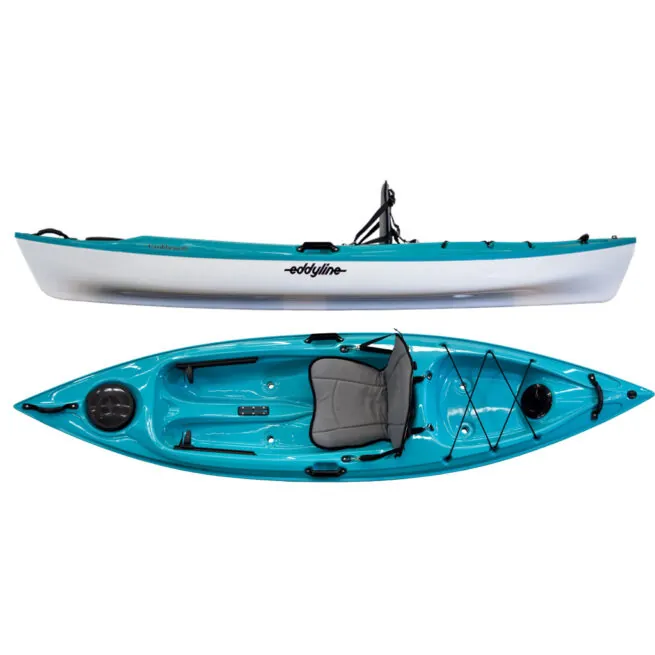 Eddyline Caribbean 10 sit on top kayak side and top view with white haul and teal deck. Riverbound Sports Paddle Company.