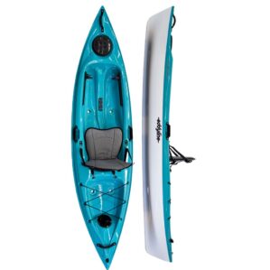 Eddyline Caribbean 10 sit on top kayak side and top view with white haul and teal deck. Riverbound Sports Paddle Company.